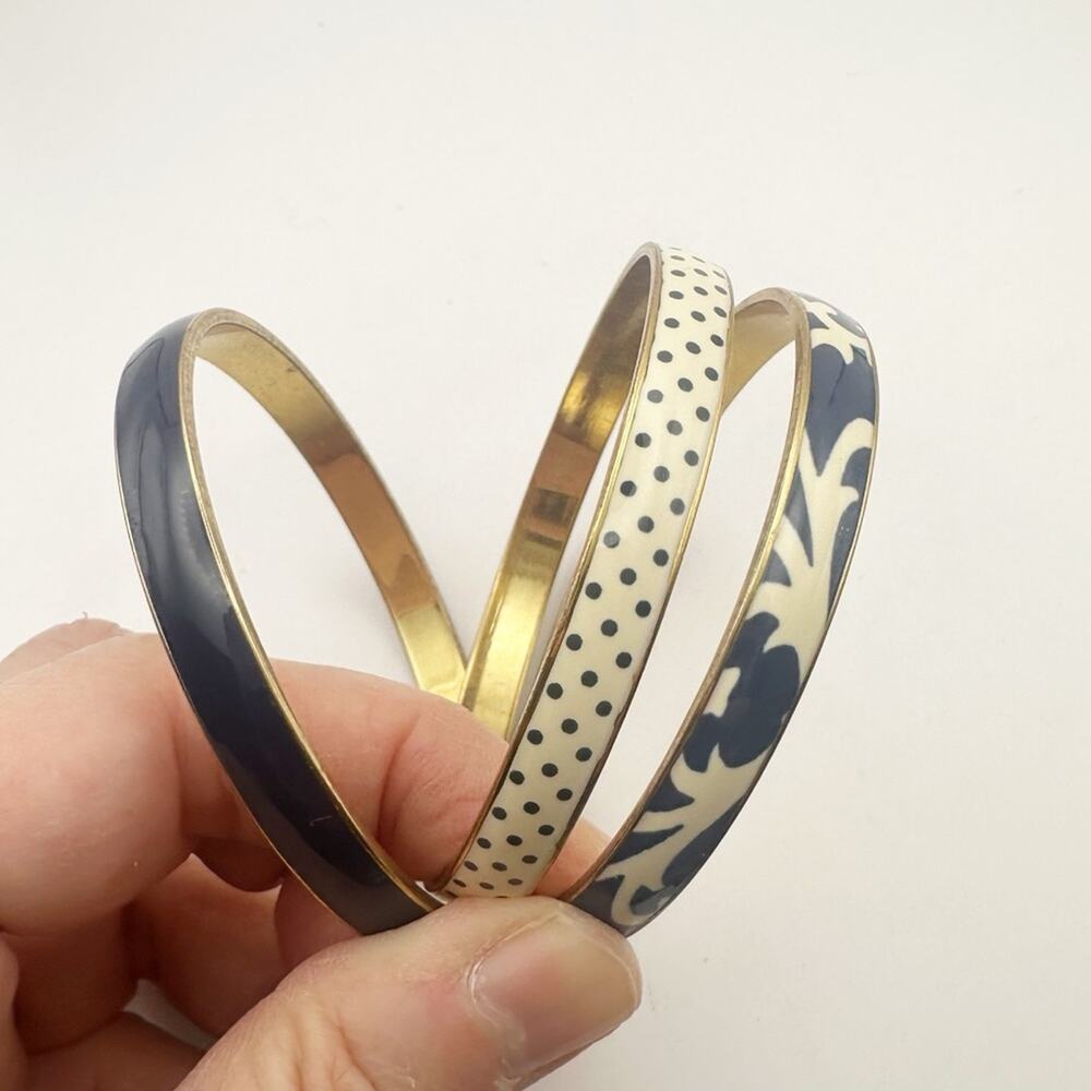 J Crew Blue Enamel bangle bracelets set of 3 Floral Print Solid Polka Dot